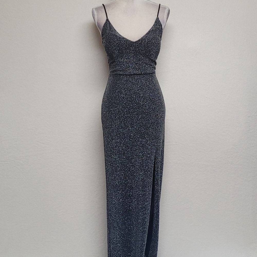 90s Vintage Mind Code Black Metallic Knit V-neck Thigh High Slit Maxi Dress L - Picture 2 of 11